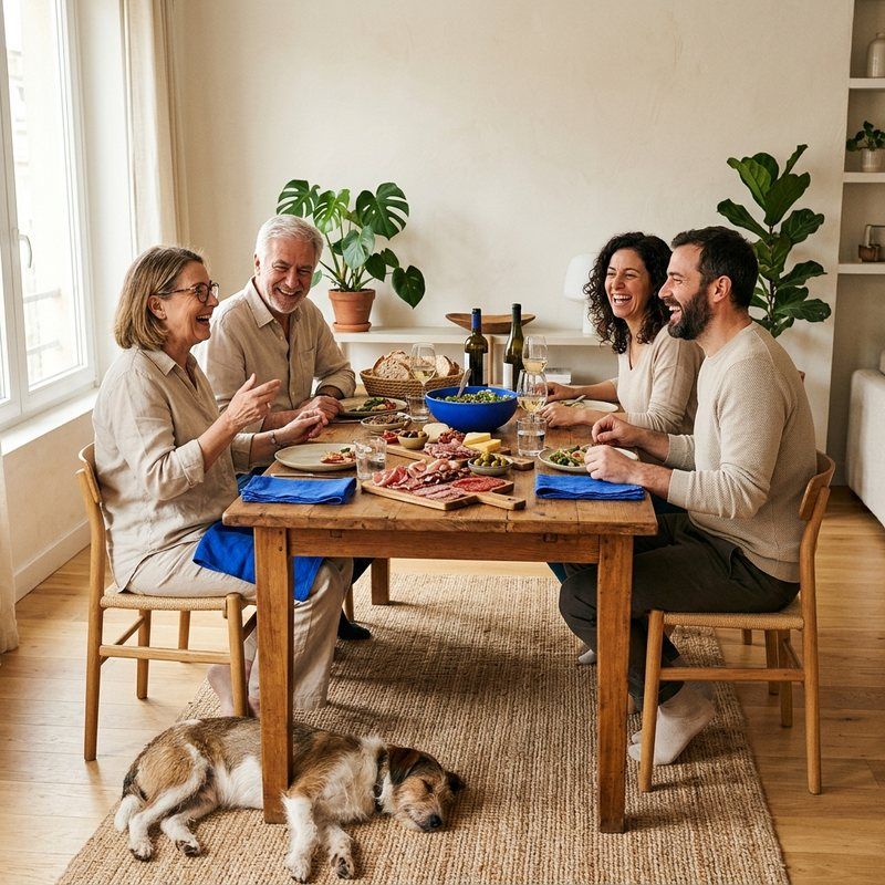Familia almorzando en casa con el perro echado al lado de la mesa